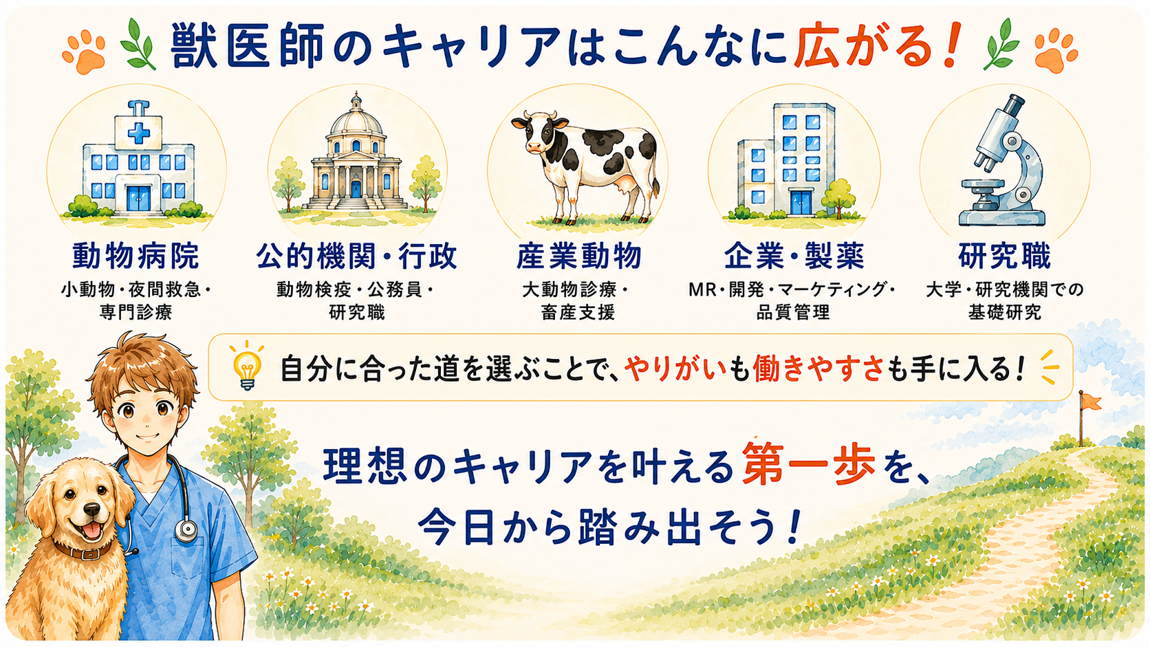 獣医師のキャリアはこんなに広がる!動物病院・公的機関・産業動物・企業製薬・研究職の5つの選択肢と、理想のキャリアの第一歩を踏み出すメッセージ
