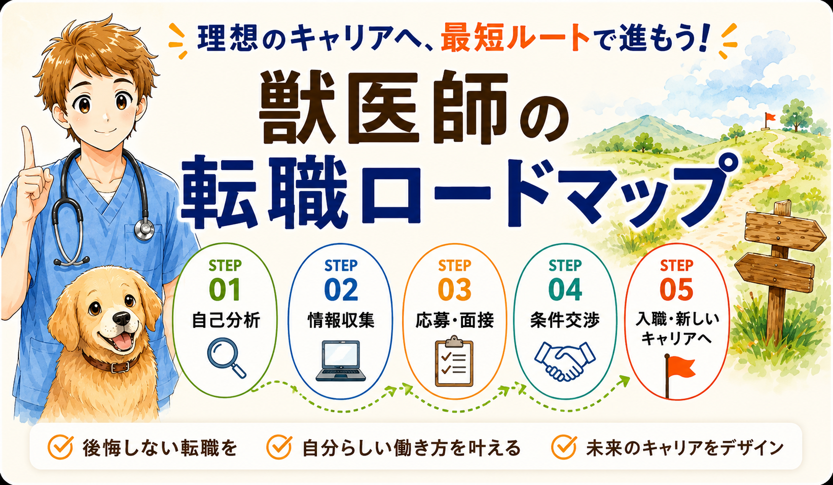 獣医師の転職ロードマップ|理想のキャリアへ、最短ルートで進もう! ゆっけと子犬が5つのステップを案内する水彩イラスト